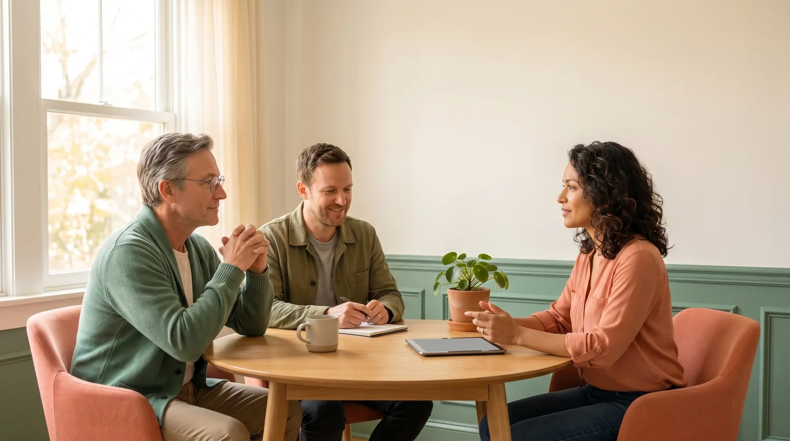 A neutral family mediator meeting calmly with two co-parents at a table