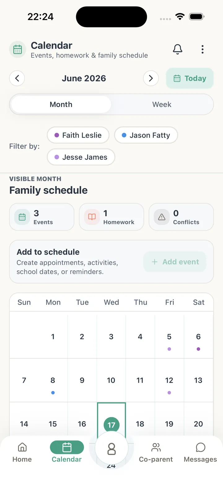 Tutola family calendar screen used for co-parenting handoffs and everyday coordination