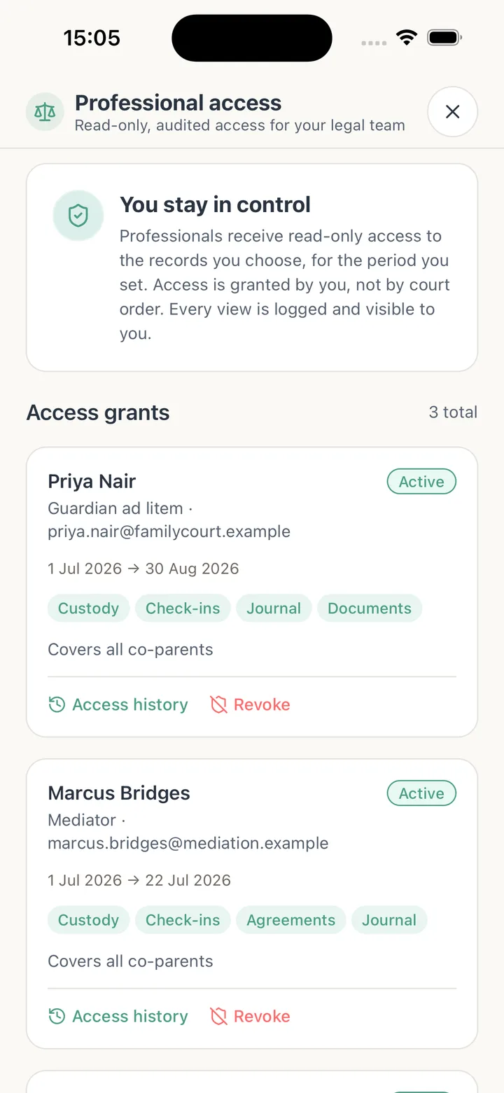 Tutola family Professional Access screen: read-only, audited access grants for a legal team